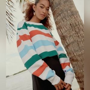 New Champion & OU Striped Cropped Sweatshirt Reverse Weave Oversized Womens Size